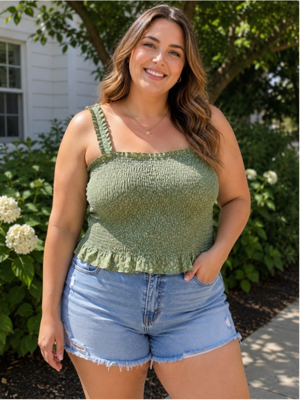 Far West Floral Smocked Tank Top XL Sage Green Cottagecore Boho Summer